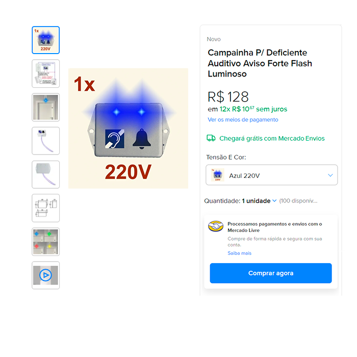 Anúncio da loja Sempre iot no mercado shops contendo um módulo de campainha para deficiente auditivo com forte flash luminoso na cor azul e entrada em 220v